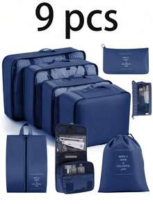 9pcs Travel Organizer Set - Large Capacity Foldable Luggage Bag, Waterproof Cosmetic Bag, Skincare Organizer, Suitable For Autumn/Winter Travel, Includes Packing Cubes, Shoe Bag, Drawstring Bag, Toiletry Bag For Makeup Brushes, Sanitary Pads, Lipstick, Eyeliner, Lip Gloss, Toothbrush, Soap, Shampoo, Comb, Watch, Phone, Necklace, Jewelry, Electronics - Multicolor - View 13