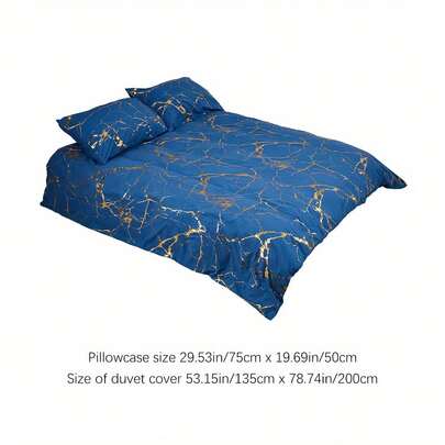 Blue Modern Light Luxury Golden Marble Print Shiny Three-Piece Bedding Set, Including 2 Pillowcases And 1 Soft And Comfortable Duvet Cover, Suitable For Year-Round Use