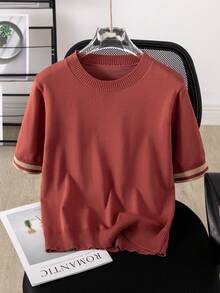 Brick Red Silky Short Sleeve, High-End Chic Round Neck Pullover Knit Top, Women's Solid Ribbed Collegiate - Brick Red - View 1