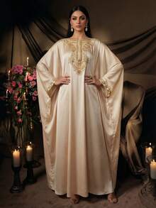 AmazingHoney Elegante bata de kaftan de color crema con detalles bordados en dorado, mangas de murciélago, bata de fiesta abaya, bata de kaftan, bata abaya (corte holgado - por favor, consulte la tabla de tallas) - Albaricoque - Ver 5