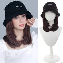 12英寸黑色中长款耐热合成假发，配黑色渔夫帽，女士款 - 彩色 - 查看 11