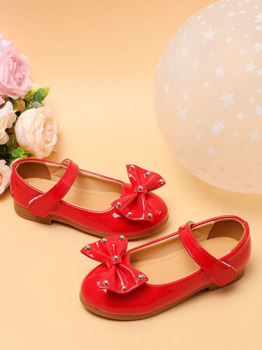 1 Pair Girls' Comfortable Versatile Flat Shoes With Bow, Rivet, Hook And Loop, Princess Shoes, Shoes - Red - View 1