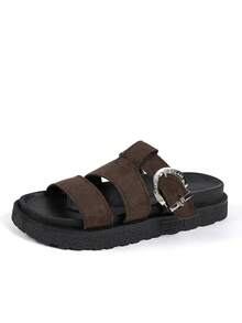 New Fashion Metal Buckle Decor Slip-On Wedge Heel Sandals, Comfortable Non-Slip, Versatile & Easy To Clean, Suitable For Beach & Daily Wear,Summer Shoes - Coffee Brown - View 6