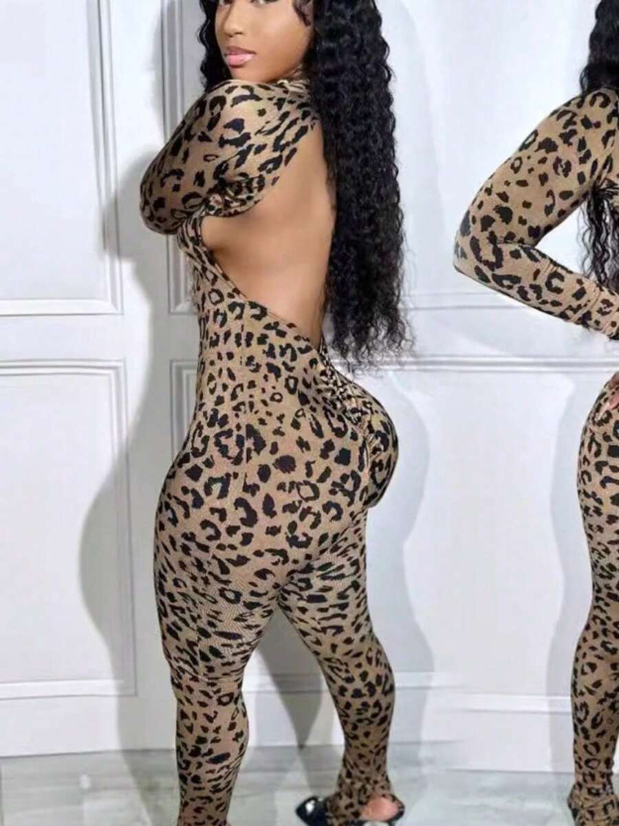Casual Fashion Halter Leopard Jumpsuit - 深棕色豹紋 - 查看 1