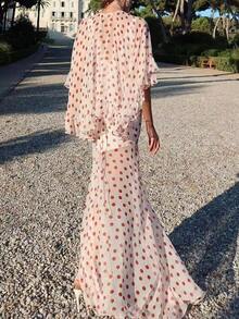 New Elegant Polka Dot Bohemian V-Neck Maxi A-Line Dress With Cinching Waist, Ruffle Trim Shawl Collar, Suitable For Vacation White Summer - White - View 3