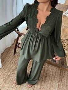 2 pièces Ensembles décontractés à col V en dentelle, Dirty Martini Vert, Vert Néon, Automne, Vacances, Festivals, Plages, Fêtes, Automne Hiver, Soirée Blanche, Style Old Money, Style de Cour, Soirée de Gala, Saint-Valentin, Bal de Promo