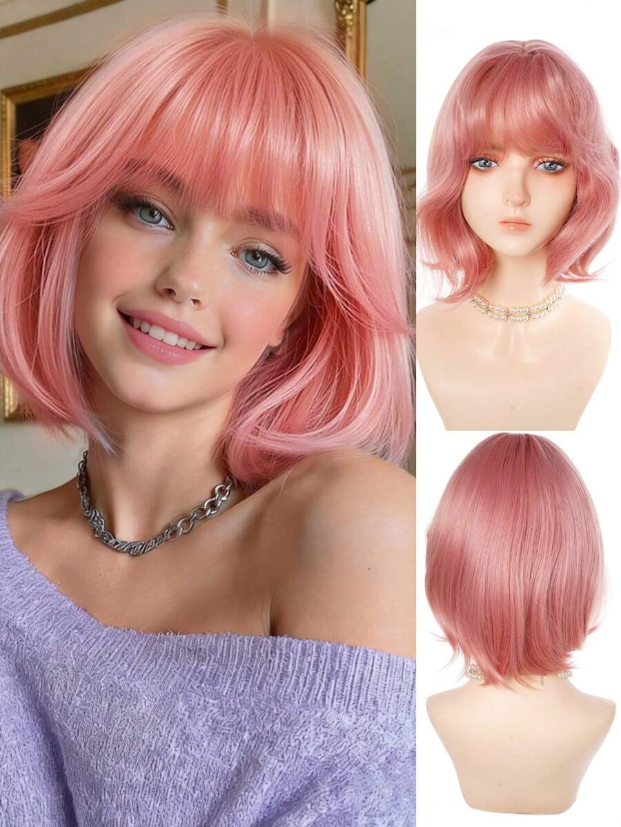 12英寸粉色波波头假发，带刘海，合成耐热假发，外观自然，适合女性日常、派对和角色扮演使用，粉色、棕色、黑色可选。 - 彩色 - 查看 1