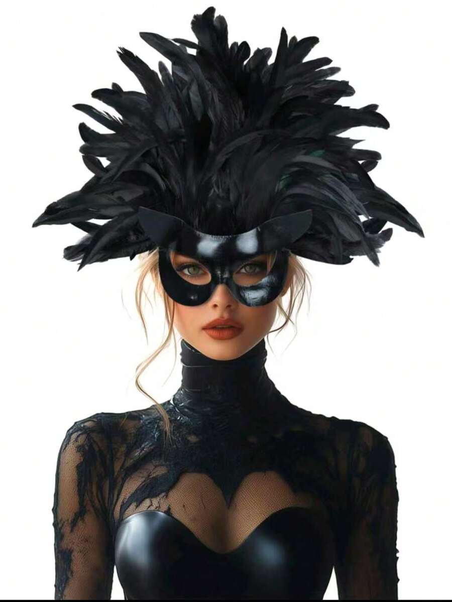 2pcs/Half-Face Masks For Festival Role-Playing Parties, Black Peacock Feathers, Theme Party Carnival, Various Masquerade Balls, Costume Props. - Black - View 1