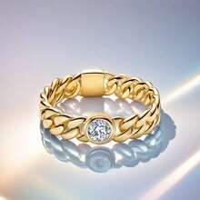 Golden Cuban Chain Ring Zirconia Shining Original Finger Engagement Ring Wedding Ring For Women Fine Jewelry Valentine's Day Gift - Silver - View 3