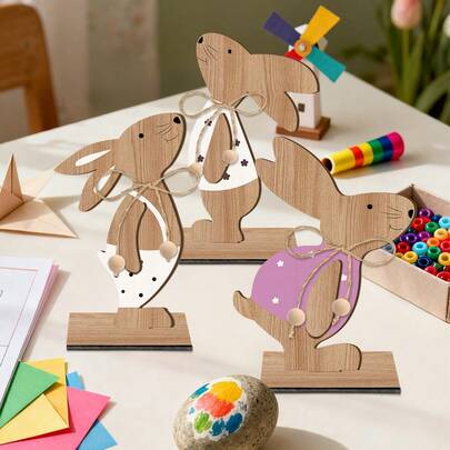 1pc Wooden Easter Bunny Decorative Plaque, Party Decor, Perfect Holiday Gift, Farmhouse Decor, European Style Home Tabletop Decoration, Ideal For Spring Celebrations, Home & Office Centerpiece, Party Decoration, Rabbit Accessory, 2D