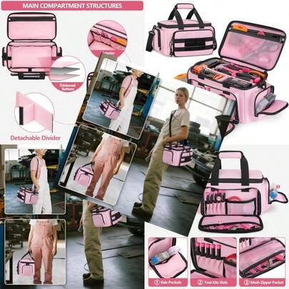 Pink Tool Bag For Women Portable Tool Box Organizer With Shoulder Strap Heavy Duty Tactical Work Bag For Electrician Carpenters Builders