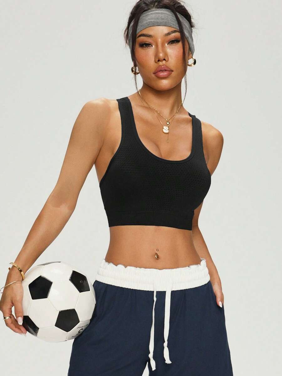 1pc Women Seamless Solid Color Elastic Tight Fit Sports Bra, Suitable For Gym, Outdoor, Casual Sports, Running, Yoga As Base Layer Vest, All Season - Black - View 1