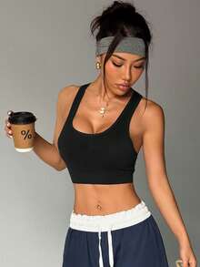 1pc Women Seamless Solid Color Elastic Tight Fit Sports Bra, Suitable For Gym, Outdoor, Casual Sports, Running, Yoga As Base Layer Vest, All Season - Black - View 5