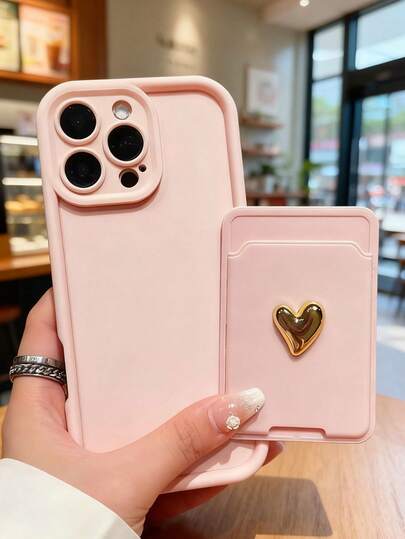 2pcs/Set Cute & Luxurious Pink Camera Lens Protection Phone Case With 3D Golden Heart Card Holder, Compatible With IPhone 17, 16, 16 Pro Max, 16 Pro, 16 Plus, XR, 15, 14 Pro Max, 12, 13 Pro, 11, Anti-Drop Candy Shell
