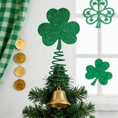Irish Holiday Tree Topper, Shiny Clover Green Tree Ornament Seasonal Decor Party Favor