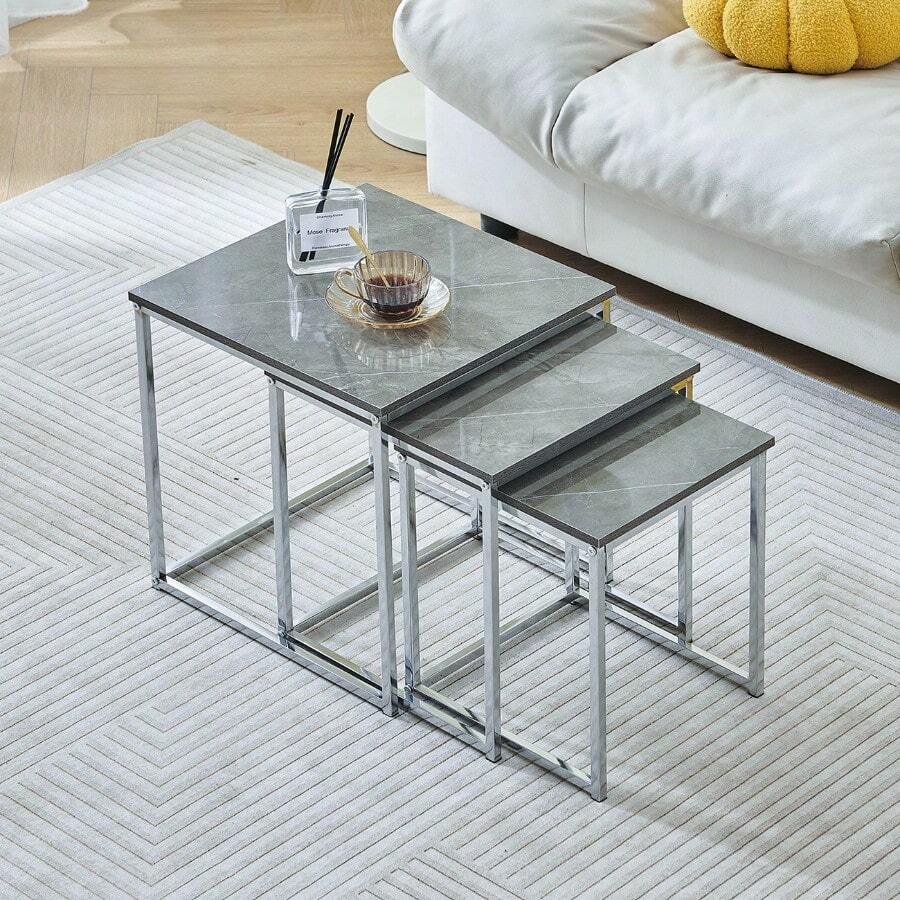 Set Of 3 Nesting Coffee Tables For Living Room, Nest Of 3 Nested Tables Sofa Side Table Coffee Table End Tables Space Saving - Grey Marble - View 1