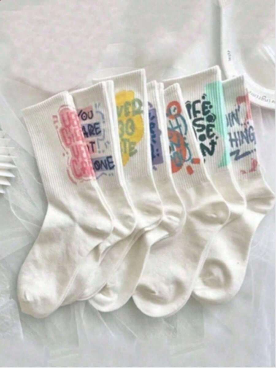 5 Pairs Random Letter Print Sports Socks, Unisex - Multicolor - View 1