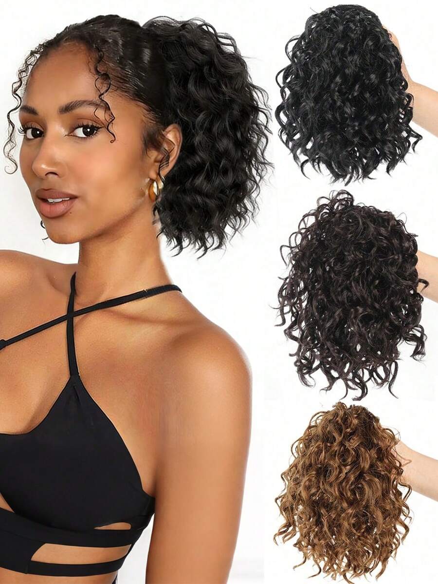 10 Inch One-Piece Drawstring Short Curly Wavy Ponytail Hair Extensions, Synthetic Clip-In Hair Extensions, Elegant Natural Appearance, Suitable For Daily Wear, Ponytail Wig - Multicolor - View 1