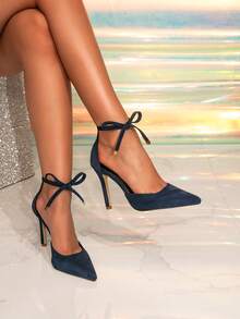 黑色绒面高跟鞋，新款系带设计，时尚可爱，适合工作通勤，细高跟 - 藍色 - 查看 9