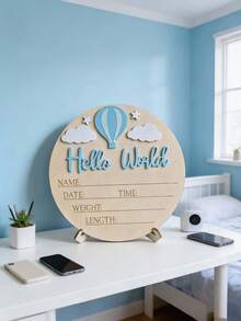 1pc "Hello World" Birth Announcement Board, Baby Photo Prop Wooden Plaque, Baby Milestone Marker, Christening Gift (Boy/Girl) - 3D Hot Air Balloon Blue - View 6