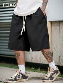 FEIAO Men's Retro Old Banknote Style Drawstring Solid Color Loose Mid-Length Pants, Lightweight, Casual, Comfortable, Versatile, Simple And Fashionable, Easy To Travel - Black - View 1