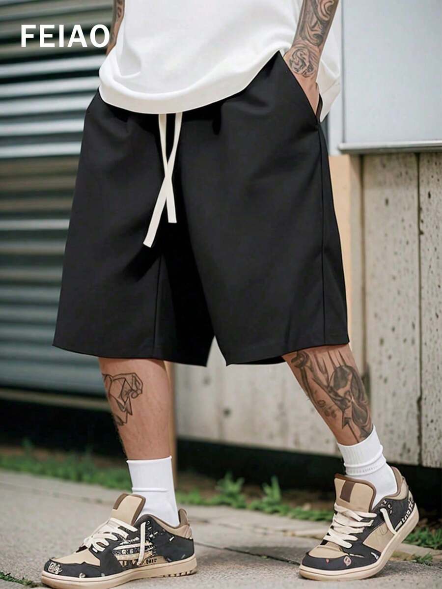 FEIAO Men's Retro Old Banknote Style Drawstring Solid Color Loose Mid-Length Pants, Lightweight, Casual, Comfortable, Versatile, Simple And Fashionable, Easy To Travel - Black - View 1