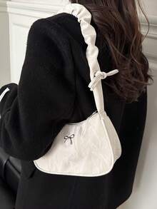 1个纯色时尚新款蝴蝶结手提包，2026新款女士小方包，时尚个性简约褶皱单肩斜挎包 - 白色 - 查看 3