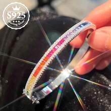 Colorful Gradient S925 Silver Bracelet - Rainbow Gemstone With Full Diamonds, High-Quality Elegant Design, Highlight For Women's Outfits