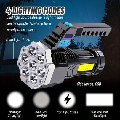 1/2/4pcs Multi-Function Flashlight, 7 LED High Brightness Camping Lamp With Side COB Bulb, Portable Handheld Light, 4 Lighting Modes, SOS Emergency Light, USB Charging Cable, Battery Level Display, Suitable For Outdoor Camping, Hiking, Fishing, Emergency Lighting, Great Gift For Valentine's Day, Mother's Day, Ramadan, Christmas, Halloween, Back To School