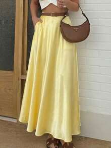Elegant Knitted Fabric Long Flared Skirt For Women Stylish Party Outfits Medium Stretch - Yellow - View 3