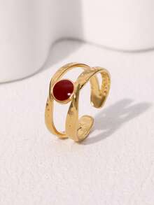 Set de 3 anillos geométricos abiertos vintage minimalistas y elegantes chapados en acero inoxidable, ajustables para uso diario, fiestas y citas de mujeres - conjunto de tres piezas - Ver 7