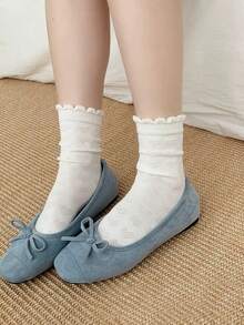 1/3双装女士纯色荷叶边印花中筒袜，时尚柔软舒适，适合返校季及全年穿着，颜色随机发货