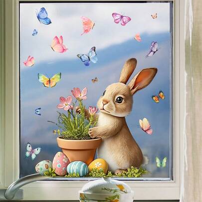 Rabbit Easter Eggs And Butterflies Window Sticker - The Cartoon Rabbit With Flower Adn Eggs, Self-Adhesive, Ideal For Home Decor And Gifts, Easter Decoration