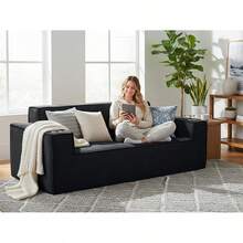 75.5" Black 3 Seater Sofa Corduroy LoveSeat Cloud Couch, Boneless Loveseats Sofa Upholstered Couch With Comfy Deep Seat,2 Cup Holders, Wide Armrests, Cloud Couch Sofa In A Box For Living Room Bedroom Office Apartment, 2 Pillows,No Assembly - 黑色 - 查看 4