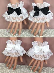 Lace Ruffle Bow Decor Wrist Cuffs, Multi-Color, Maid Costume, Wedding Party Summer - Multicolor - View 13