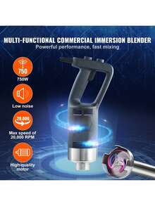 Commercial Immersion Blender, 750W 16" Heavy Duty Hand Mixer, Variable Speed Kitchen Stick Mixer With 304 Stainless Steel Blade, Multi-Purpose Portable Mixer For Soup, Smoothie, Puree, Baby Food - Black - View 2