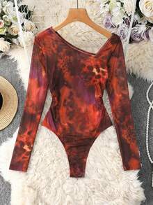 Áo liền thân dài tay nữ phong cách thường ngày cho ngày Valentine, cổ bất đối xứng, chi tiết lưới xuyên thấu, họa tiết da báo, mùa xuân hè. - Nhiều màu - Xem 4