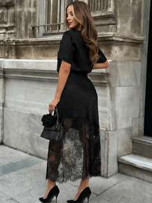 Women's Elegant Solid Color Lace Patchwork Skirt Black Spring - Black - View 2