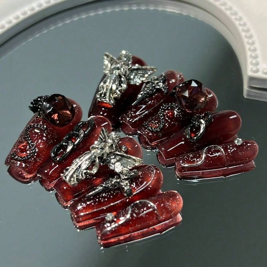 10 Pieces Of Hand Pressed Nail Art, Spring/Summer Nail Polish, Fake Nails, DIY, Dark Nipples And Cross Nail Accessories Red Nails For Girls, Ladies To Use In Weddings, Stages, Proms, Parties, Holidays, Vacation Scenes - SJ0363-S - 查看 1