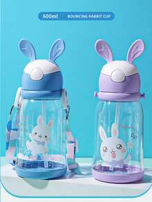1个600毫升兔耳朵造型水杯，儿童学习吸管杯，学生兔子杯，可爱卡通瓶盖水杯，带挂绳 - 彩色 - 查看 3