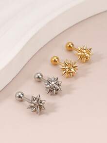 1 Pair Of Punk Style 18K Gold Plated Meteor Hammer Earrings, Hypoallergenic Stainless Steel Screw-Type Ear Cartilage Studs, Cool Girl Earrings, 16G-6mm Pierced Jewelry - Punk Style - View 3