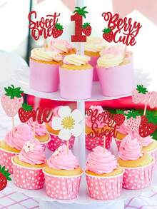 12支/24支装心形纸杯蛋糕装饰棒，带闪亮亮片，满月派对草莓纸杯蛋糕装饰插牌，浆果心形纸杯蛋糕装饰，适合生日派对用品、主题派对、节日派对装饰 - 彩色 - 查看 3