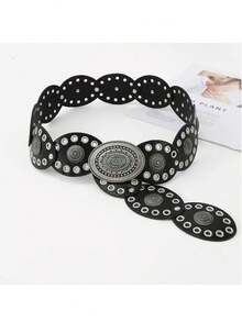 Retro Rivet Round Buckle Belt, Bohemian Fashion Grommet Waist Band, Versatile