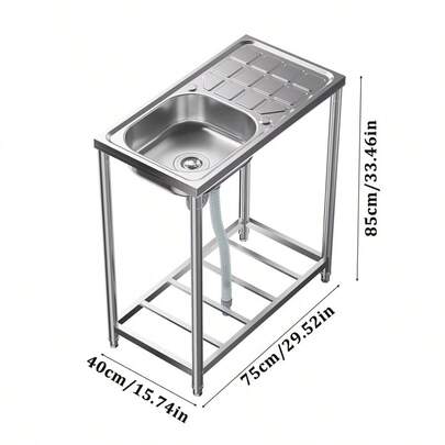 1pc Portable Stainless Steel Floor-Standing Stainless Steel Sink, Single Sink With Workbench, Center Drain Pipe, Suitable For Kitchen, Industrial Supplies, Courtyard, 75*40*85cm, With 32mm Faucet Holes At The Right Upper And Lower Corners