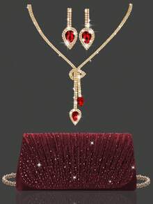 闪亮水钻翻盖晚宴包派对包，优雅时尚的褶皱手拿包舞会包，配有闪亮水钻首饰两件套，适合派对、晚宴、聚会、舞会、婚礼。 - 酒紅色 - 查看 10