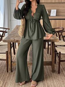 2 pièces Ensembles décontractés à col V en dentelle, Dirty Martini Vert, Vert Néon, Automne, Vacances, Festivals, Plages, Fêtes, Automne Hiver, Soirée Blanche, Style Old Money, Style de Cour, Soirée de Gala, Saint-Valentin, Bal de Promo