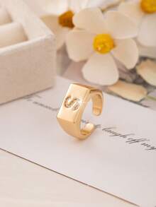 1pc Luxury Initial Open Ring, A-Z Letter Block Design With Cubic Zirconia, Adjustable Fashion Ring For Girl & Teens, Gift For Friends - Gold - View 16
