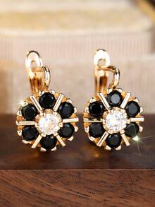 1 Pair Shiny Black & White Cubic Zirconia Flower Design Champagne Gold Plated Women's Earrings - Luxury Valentine's Day Holiday Gift, Suitable For Party, Daily Wear And Gift Giving, All Seasons