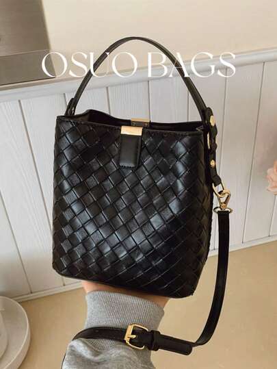 1pc Women's New PU Woven Crossbody Bucket Bag, Minimalist Commuter Bag, Unique Texture Multi-Function Handbag