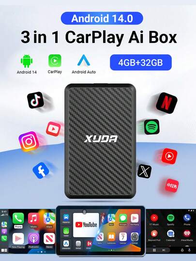  XUDA New Android 14 Wireless CarPlay And Android Auto 3-In-1 Smart Box, Quad-Core 4GB RAM+32GB ROM Plug And Play, Built-In Apps, Supports 98% OEM Wired CarPlay Or Wired Android Auto